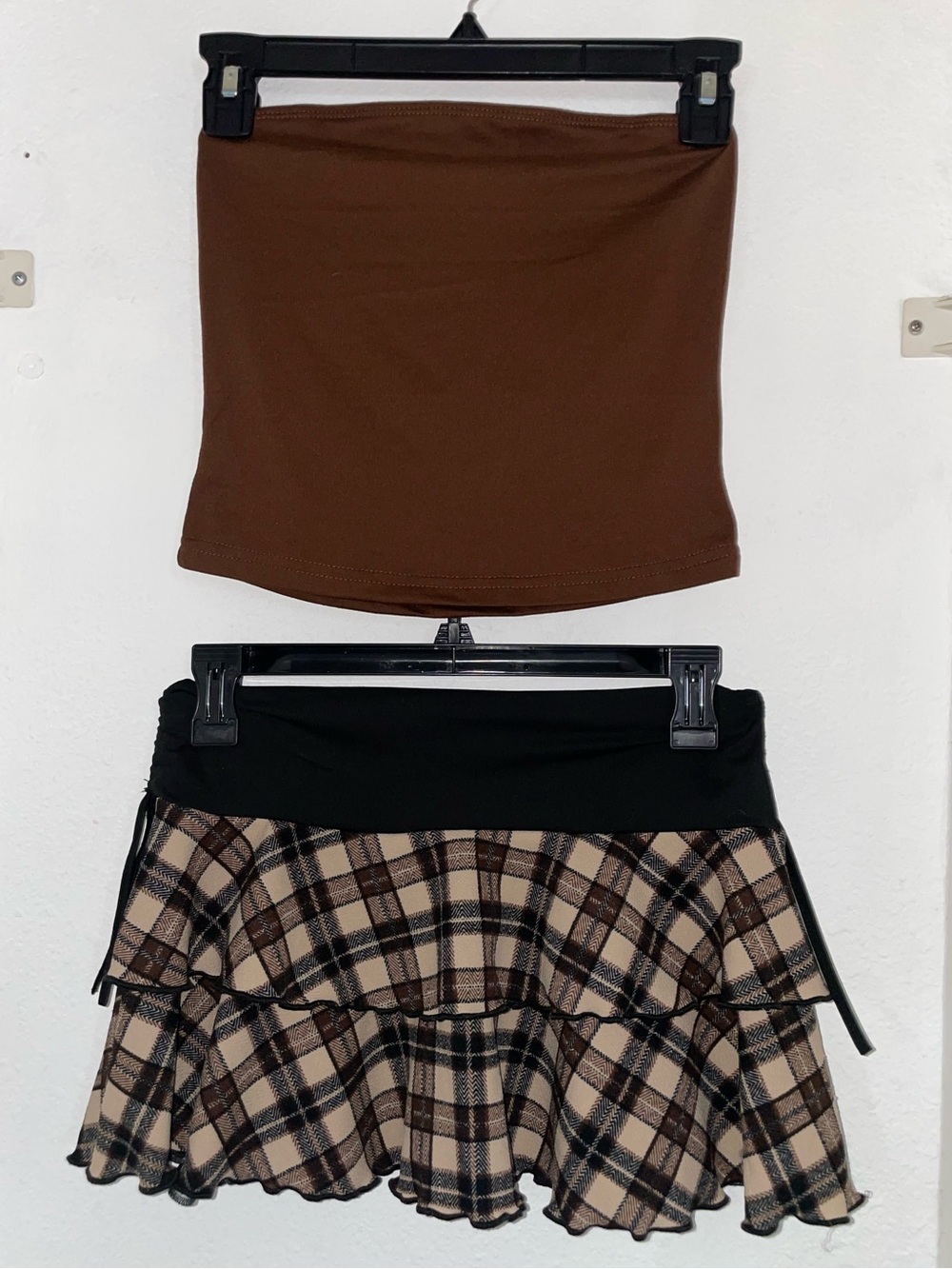 Brown Tube Top and Plaid Ruffle Mini Skirt Set